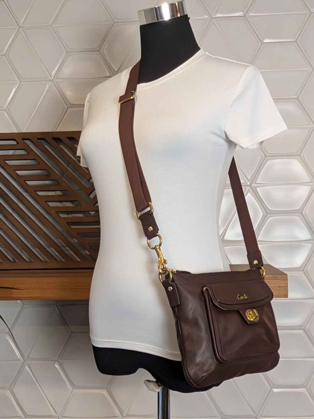 COACH Penelope Brown Pebbled Leather Turnlock Pocket Crossbody Women's